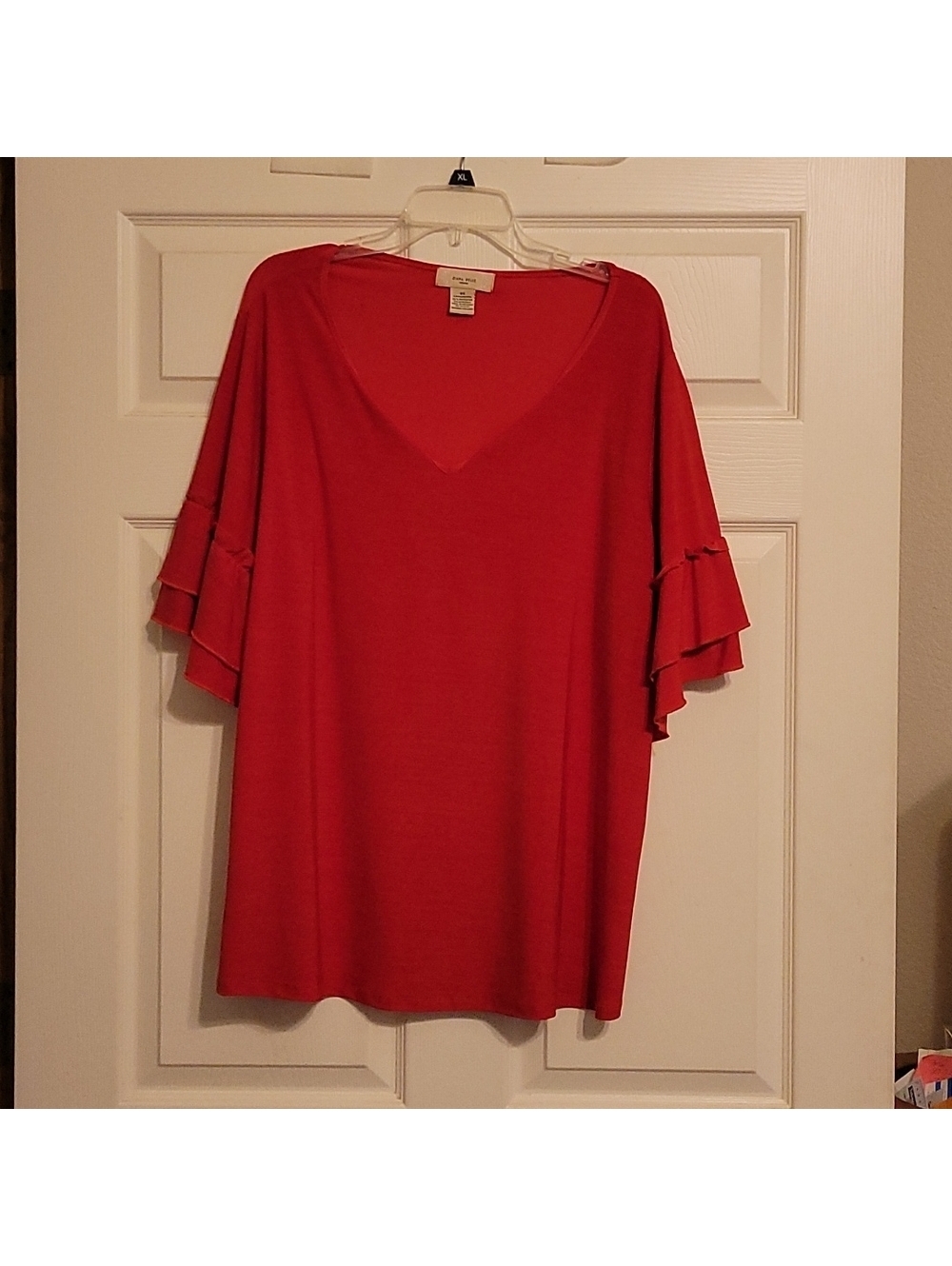 Diana Belle Women's Red Blouse with Tie Neckline and Ruffled Sleeves Size 3X